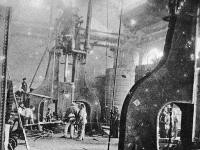 A Nasmyth steam hammer in use in a British factory, circa 1855. Invented by Scottish engineer James Nasmyth, the hammer enabled larger pieces to be forged  than with the tilt-hammers previously used, as well as enabling the operator to accurately control the force of each blow. (Photo by Hulton Archive/Getty Images)